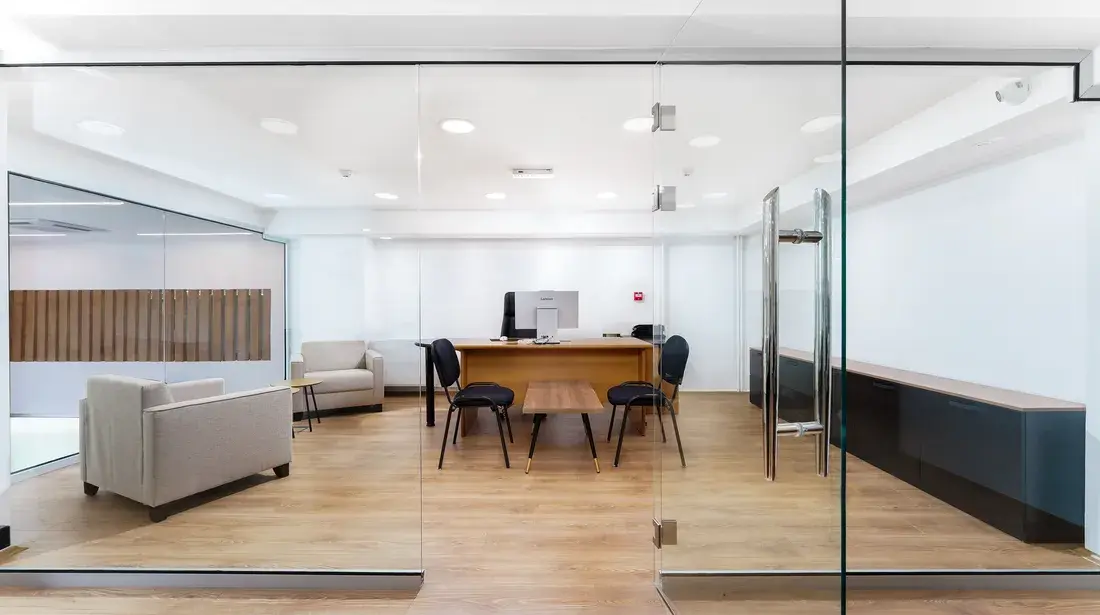 A meeting room at the MakBPO office in Bitola, with a conference table and a glass partition.